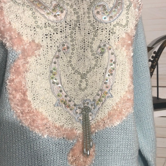 Vintage 90s Jaclyn Smith Pullover Sweater Beaded Paisley Detailing Light Blue S - Picture 10 of 15
